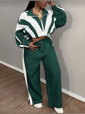 Pre-Loved Forest Green & White Wide-Leg Track Pants with Drawstring Waist